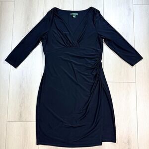Lauren Ralph Lauren Black Ruched Faux Wrap‎ Stretch Dress Size 16 Knee Length